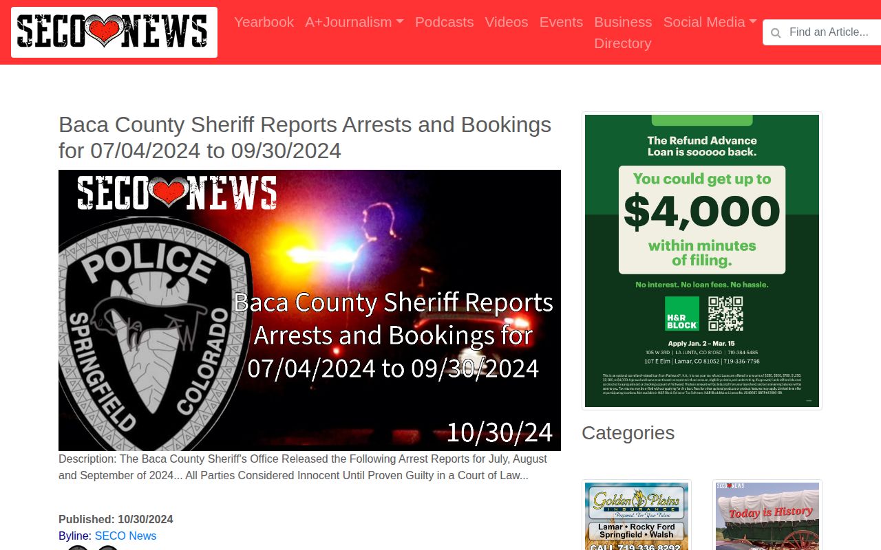 SECO News Baca County 24 hour release context and sheriff report examples