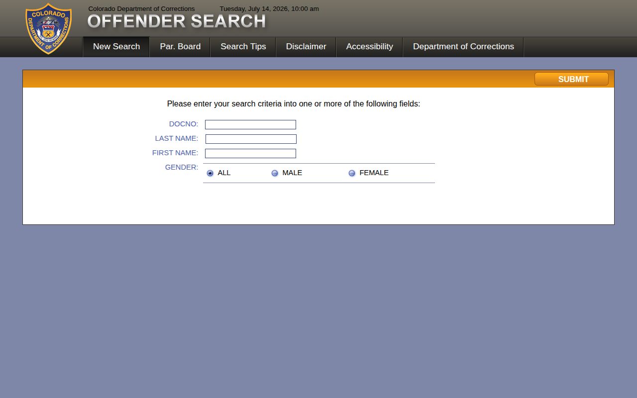 Baca County released inmates CDOC offender search entry screen
