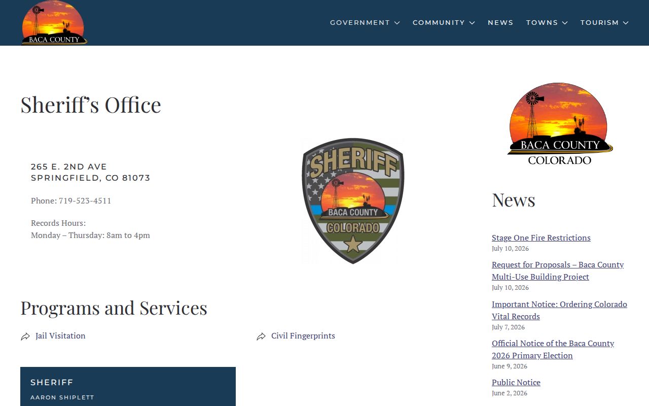 Baca County released inmates sheriff records contact page