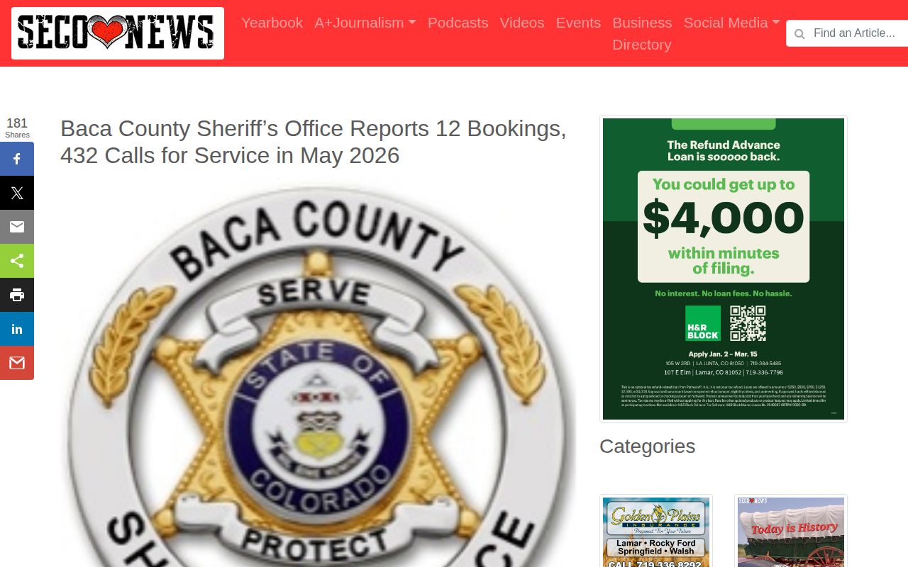 Baca County 72 hour release context from monthly sheriff report