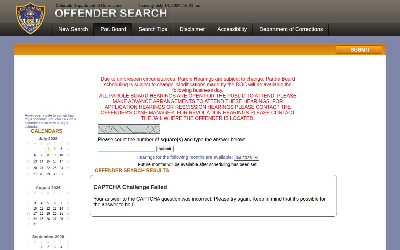Baca County parole and probation CDOC parole board list screen
